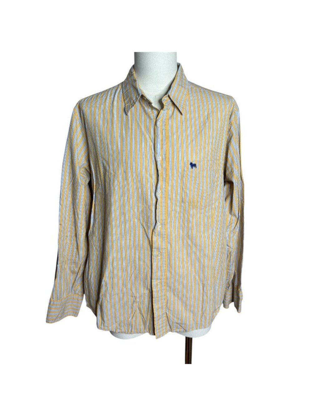 Aeropostle Slim Fit Button Up Shirt L Yellow Grey Striped Long Sleeve Pocket